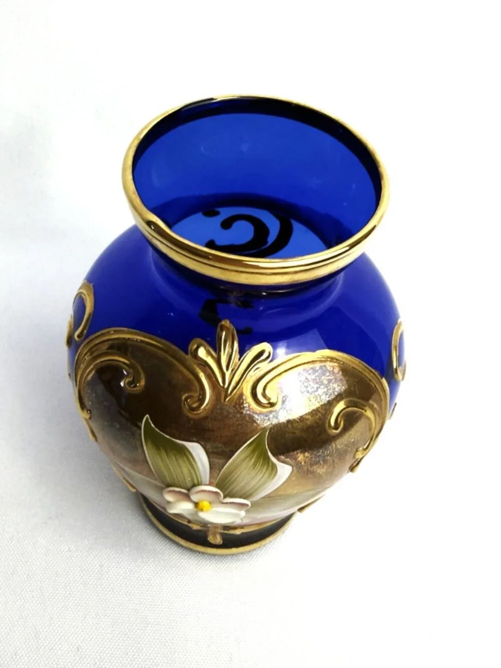 Murano Glass Vintage Vase Cobalt Blue & Gold Enamel Raised Floral 4 ¼” Italy